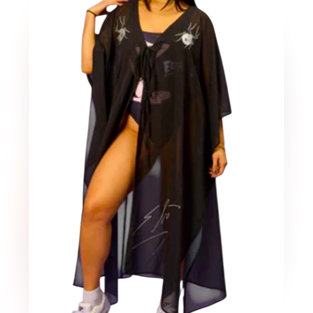 Elvira Mistress of The Dark Spiderweb Embroidered Caftan Swimsuit Coverup NWT